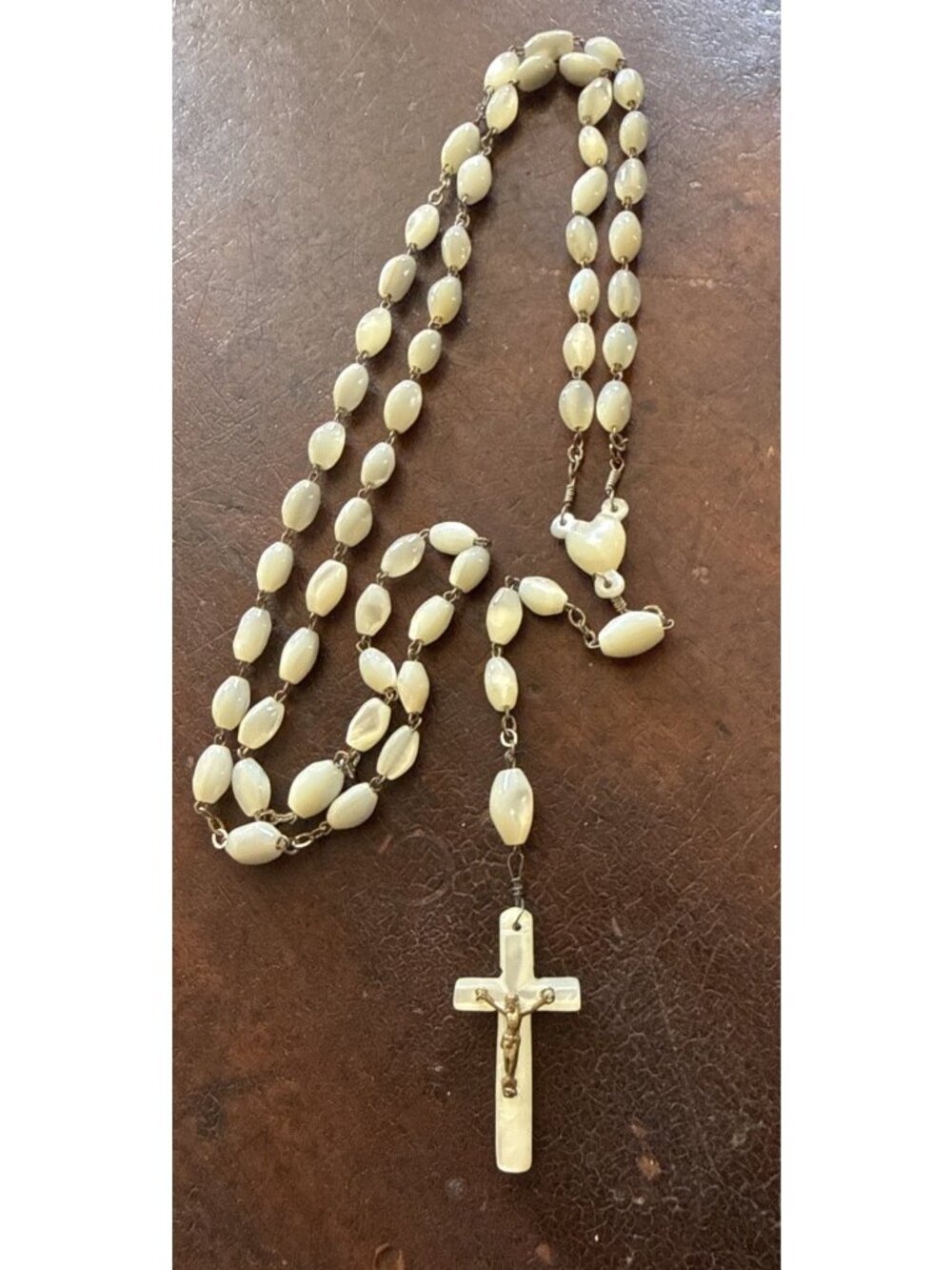 Vintage MOP Mother of Pearl Rosary Hand Carved Beads Heart Center Jerusalem 30”